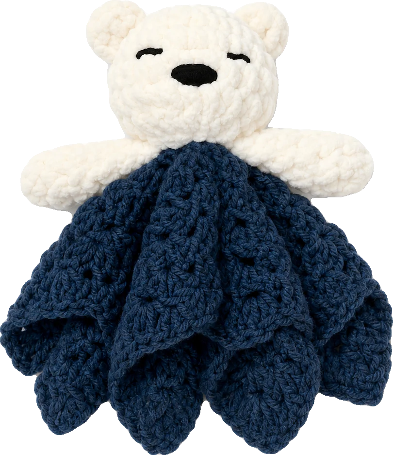 Crochet bear lovey baby blanket in cream and navy